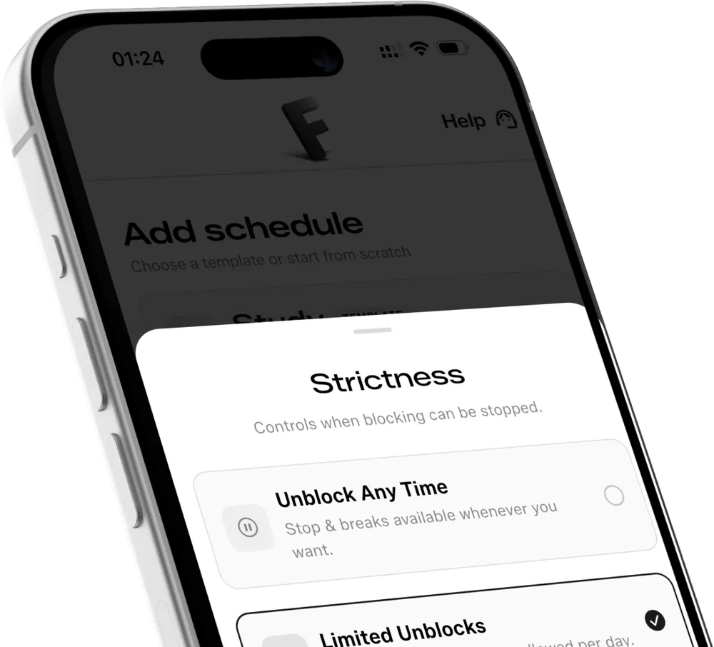 Strictness settings screen with Unblock Any Time and Limited Unblocks options